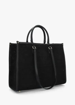 Black Embossed Crochet & Leather Tote Bag