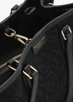 Black Embossed Crochet & Leather Tote Bag