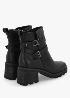 Black Leather Chunky Block Heel Ankle Boots