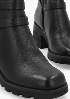Black Leather Chunky Block Heel Ankle Boots