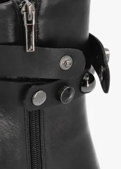 Black Leather Embellished Ankle Strap Shaped Heel Boots