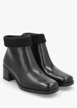 Black Leather Rib Knit Block Heel Ankle Boots