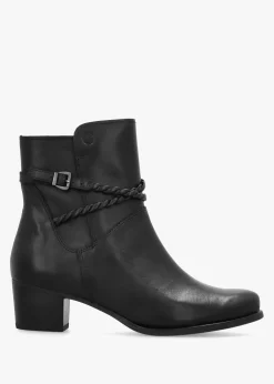 Black Leather Twist Strap Block Heel Ankle Boots