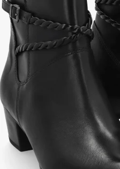 Black Leather Twist Strap Block Heel Ankle Boots