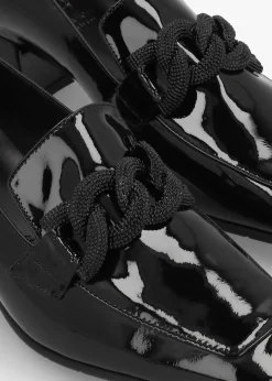 Black Patent Leather Chain Link Low Heel Loafers