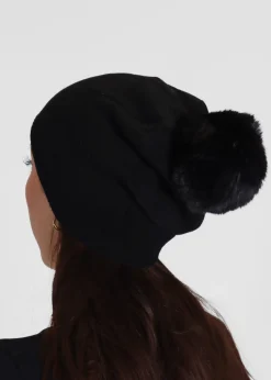 Black Slouchy Knitted Pom Pom Hat