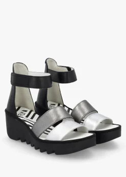 Bono Silver Graphite Black Leather Mid Wedge Sandals