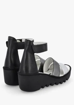 Bono Silver Graphite Black Leather Mid Wedge Sandals