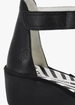Bono Silver Graphite Black Leather Mid Wedge Sandals