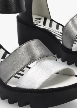 Bono Silver Graphite Black Leather Mid Wedge Sandals