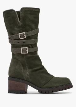 Brendie Khaki Suede Block Heel Calf Boots