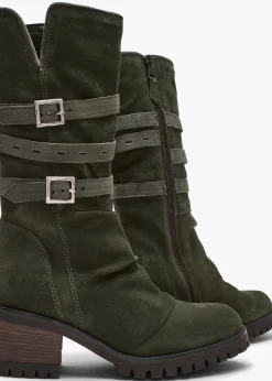 Brendie Khaki Suede Block Heel Calf Boots