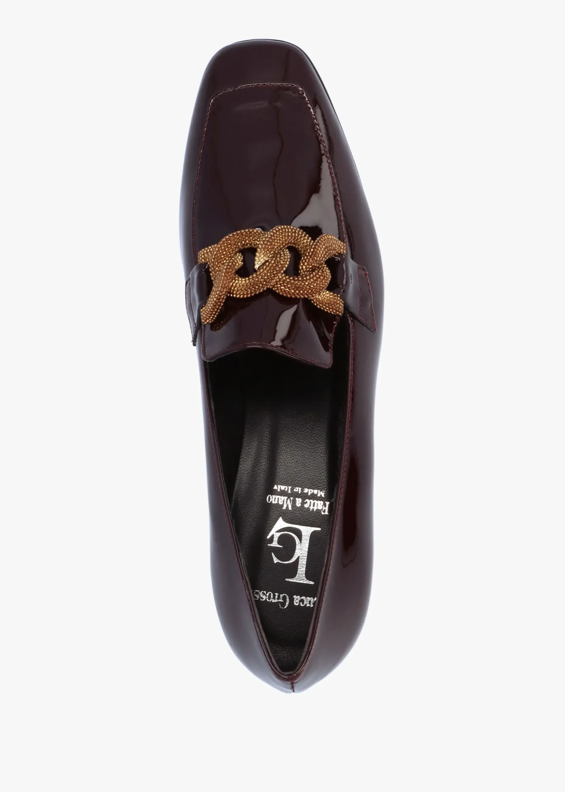 Burgundy Patent Leather Chain Link Low Heel Loafers