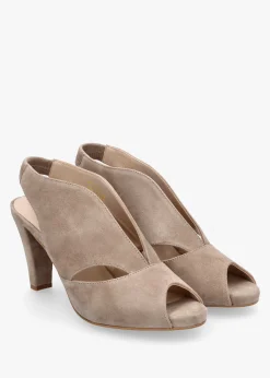 Calencia Taupe Suede Asymmetric Block Heel Sandals
