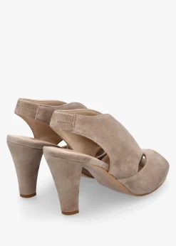 Calencia Taupe Suede Asymmetric Block Heel Sandals
