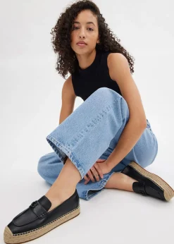 Camilla Black Leather Logo Flat Espadrilles