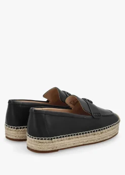 Camilla Black Leather Logo Flat Espadrilles