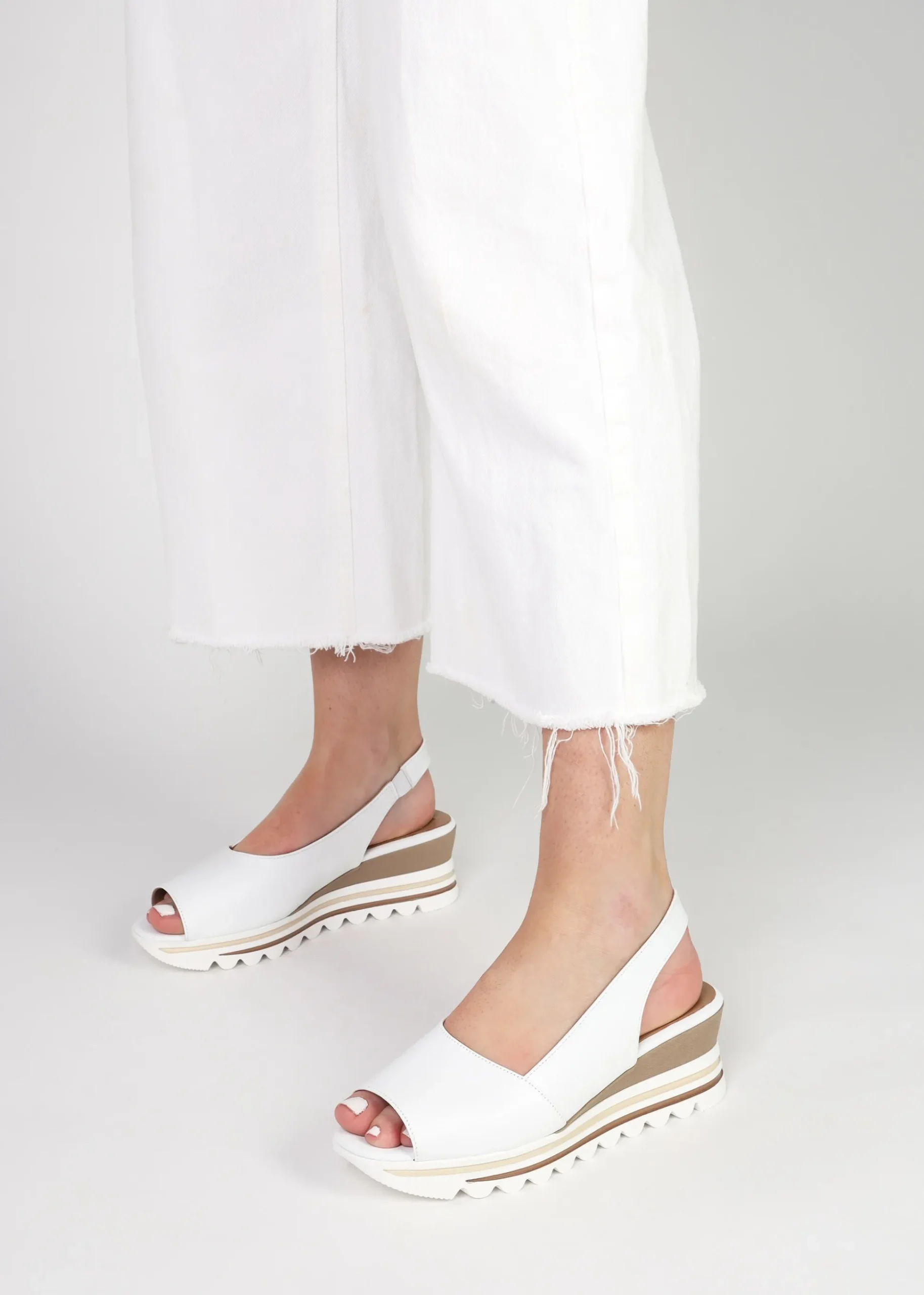 Canna White Leather Peep Toe Wedge Sandals