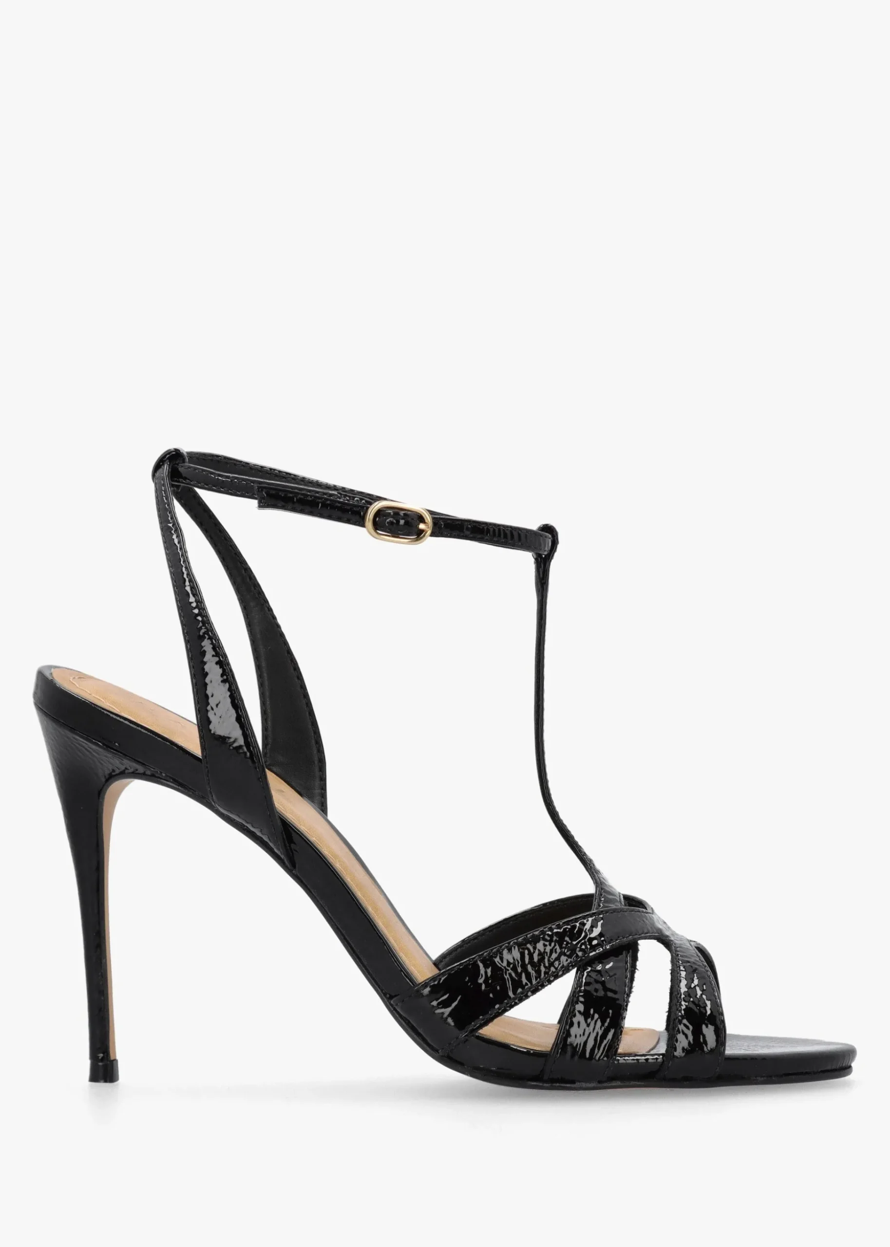 Civil Black Patent Leather T Bar Stiletto Heel Sandals