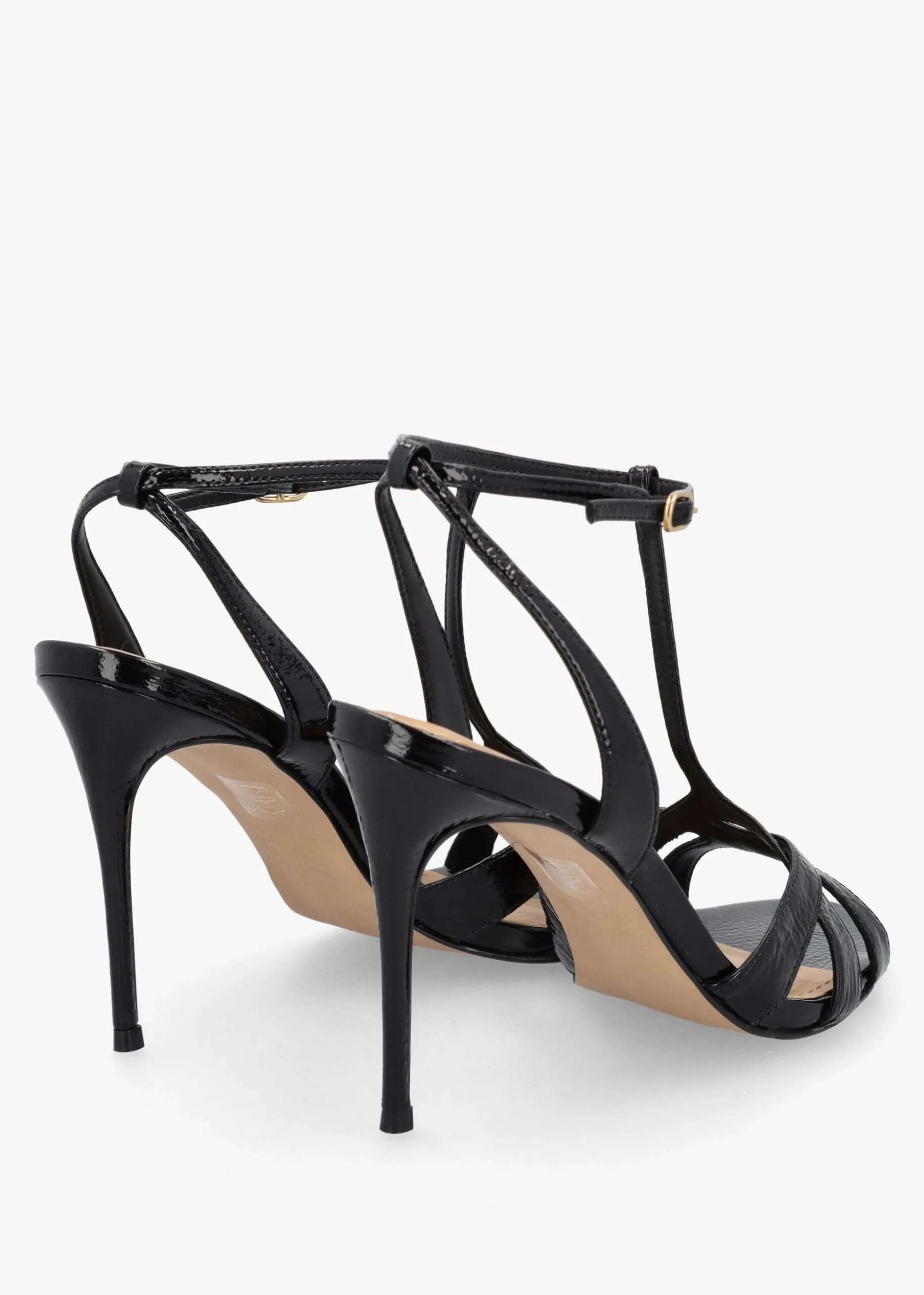 Civil Black Patent Leather T Bar Stiletto Heel Sandals