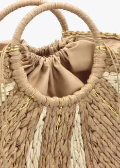Cream & Beige Straw Woven Shopper Bag