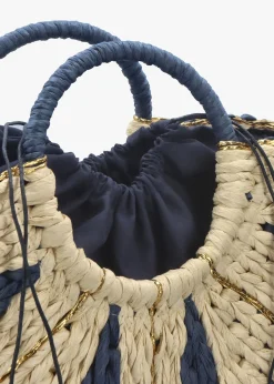 Cream & Blue Straw Woven Shopper Bag