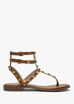 Cube Tan Square Studded Gladiator Sandals