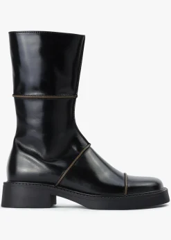 Dahlia Black Leather Square Toe Calf Boots