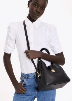 Deco Black Leather Cross-Body Tote Bag
