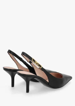 Decollete Black Leather Sling Back Heels