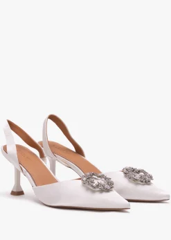 Elewed White Leather Embellished Sling Back Heeled Pumps
