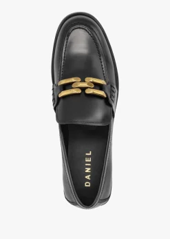 Elinkie Black Leather Metal Link Loafers