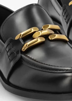 Elinkie Black Leather Metal Link Loafers