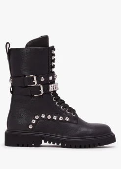 Ella Black Leather Embellished Tall Ankle Boots