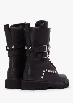 Ella Black Leather Embellished Tall Ankle Boots