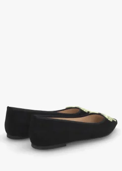 Ella Black Suede Diamante Bow Pointed Toe Ballet Pumps