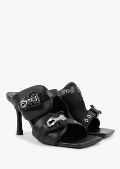 Ellen Black Leather Double Buckle Strappy Heeled Sandals