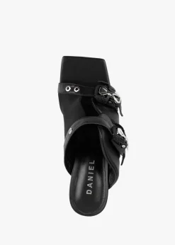 Ellen Black Leather Double Buckle Strappy Heeled Sandals