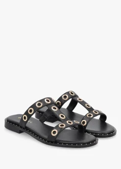 Elope Black Leather H Band Eyelet Mules