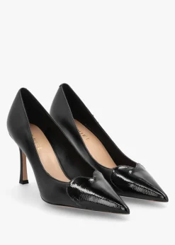 Elove Black Leather Heart Toe Cap Court Shoes