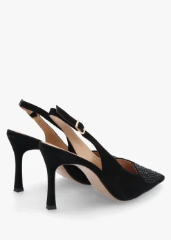 Elove Black Suede Crystal Heart Toe Cap Heeled Sling Backs