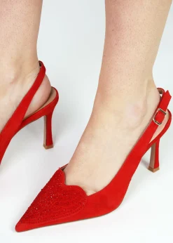 Elove Red Suede Crystal Heart Toe Cap Heeled Sling Backs