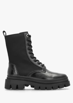 Emily Black Leather & Textile Biker Boots