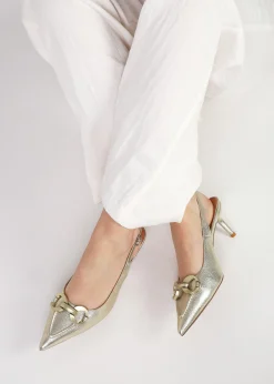 Eppie Gold Leather Mid Heel Sling Back Shoes