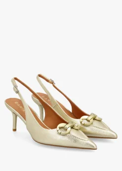 Eppie Gold Leather Mid Heel Sling Back Shoes