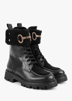 Evashearl Black Leather & Faux Shearling Ankle Boots