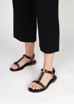 Everlast Black Leather T Bar Studded Sandals