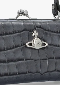 Extra Large Doll Frame Embossed Croc Anthracite Leather Purse Bag