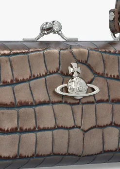 Extra Large Doll Frame Embossed Croc Brown Leather Purse Bag