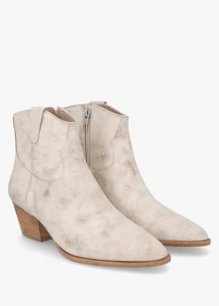 Fame Beige White Leather Western Ankle Boots